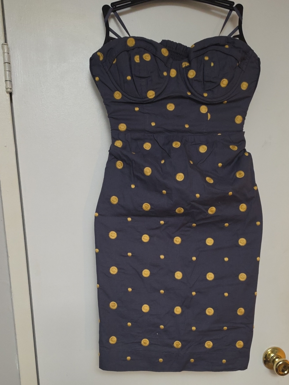 Floreat Gray Strapless Yellow Polka Dot Bodycon Dress, Size 8 NWOT